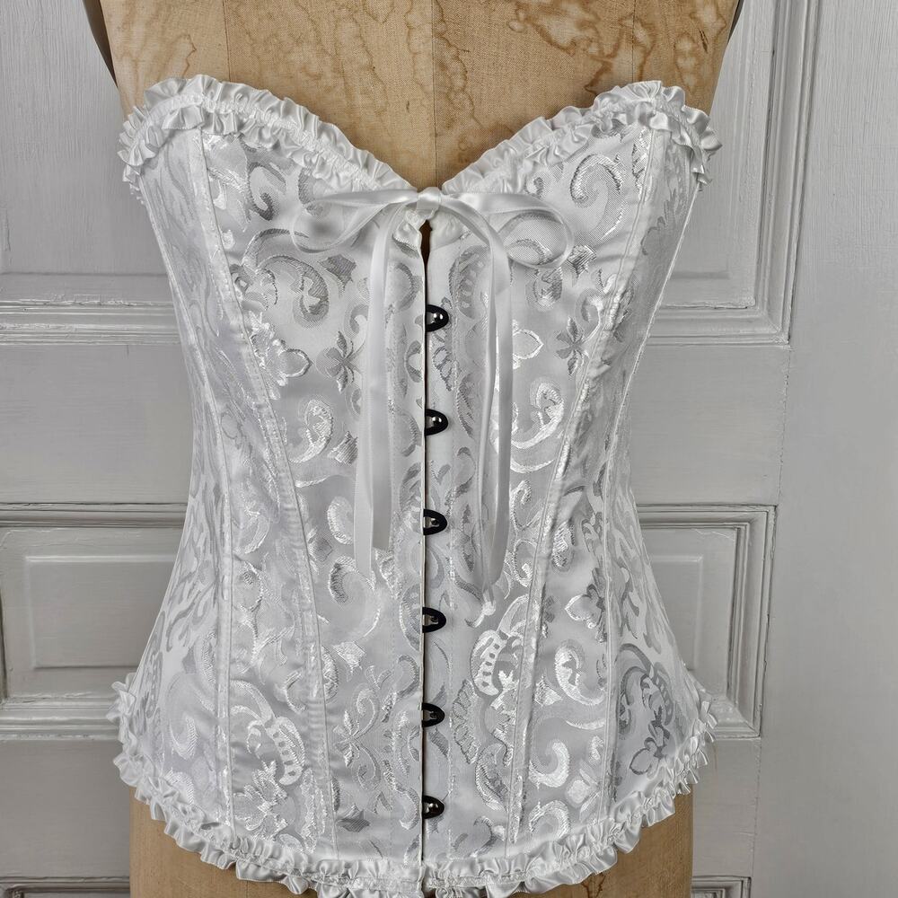 White satin brocade laced corset coquette bride Bridgerton Victorian L